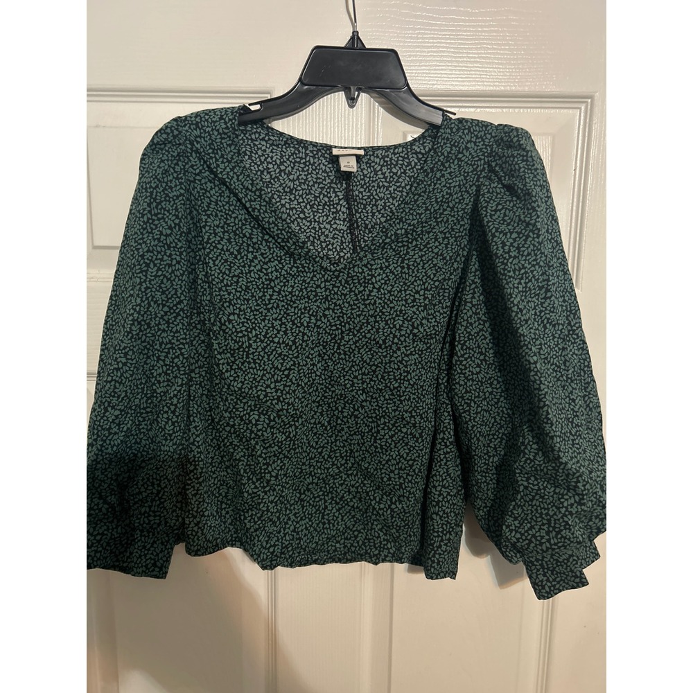 A New Day Womens Floral Print Long Sleeve Blouse Top Green‎ Size S